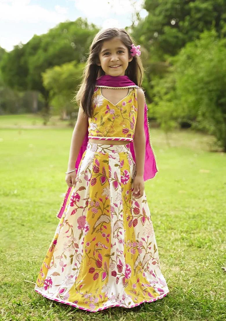 Multicolor Printed Cotton Lehenga Set With Dupatta For Girls