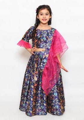 Blue Printed Chanderi Silk Lehenga Set With Dupatta For Girls