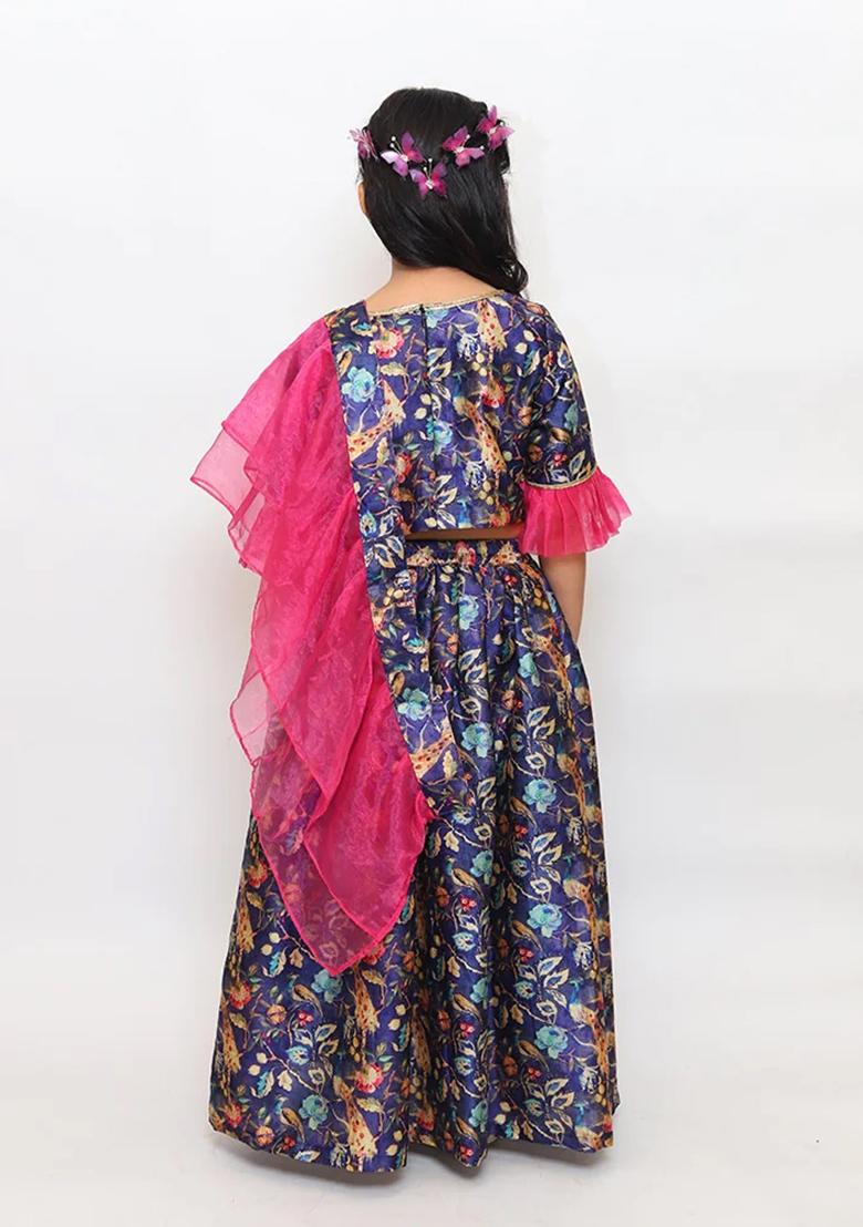 Blue Printed Chanderi Silk Lehenga Set With Dupatta For Girls