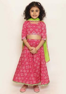 Pink Printed Cotton Lehenga Set With Dupatta For Girls