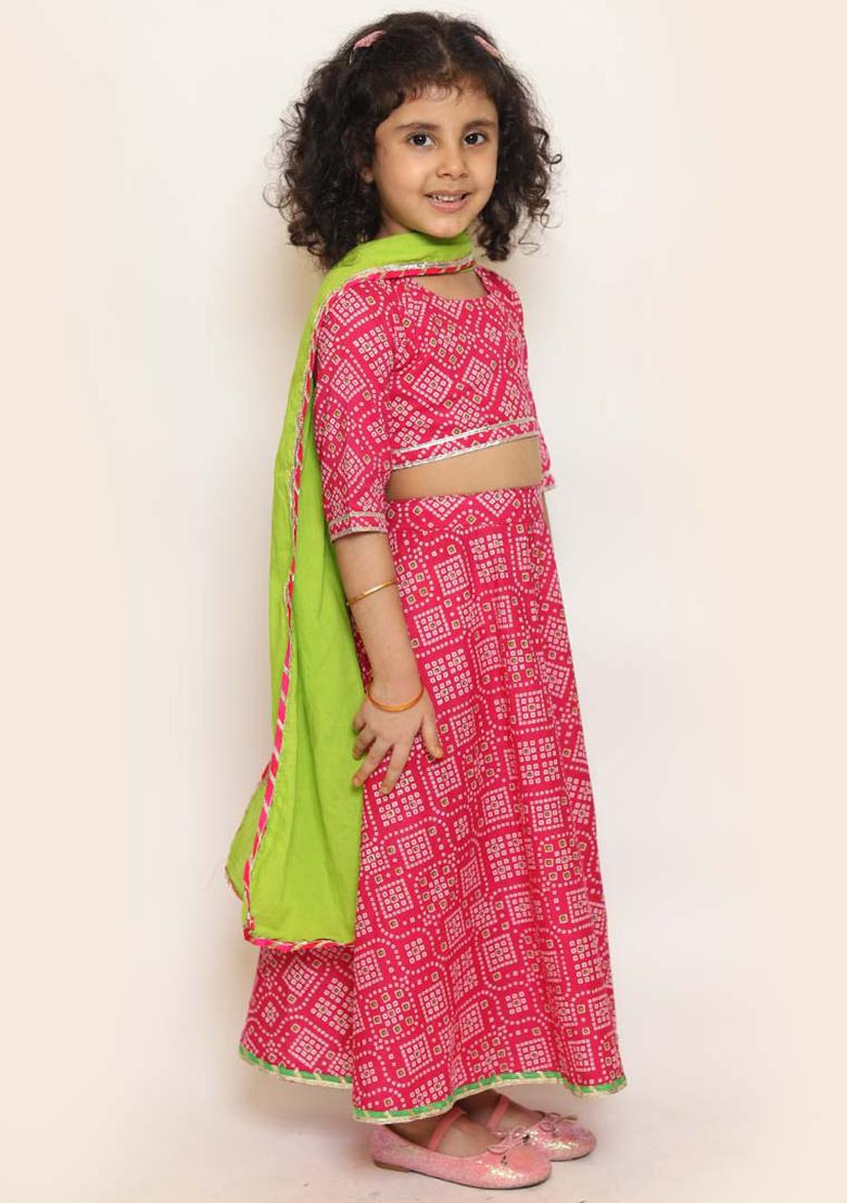 Pink Printed Cotton Lehenga Set With Dupatta For Girls