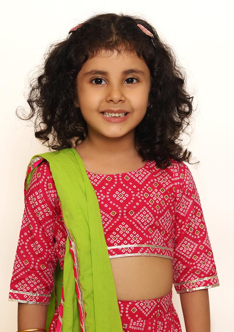 Pink Printed Cotton Lehenga Set With Dupatta For Girls