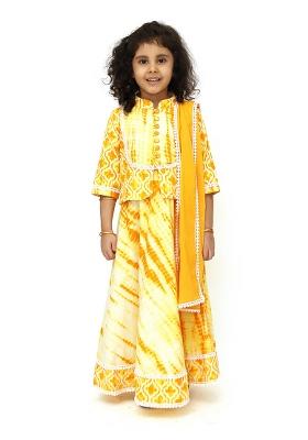 Yellow Printed Cotton Lehenga Set With Dupatta For Girls
