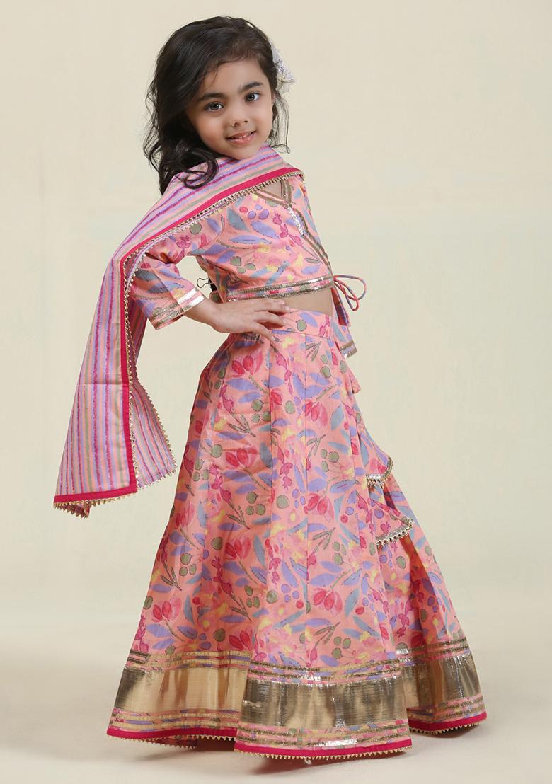 Pink Printed Cotton Lehenga Set With Dupatta For Girls