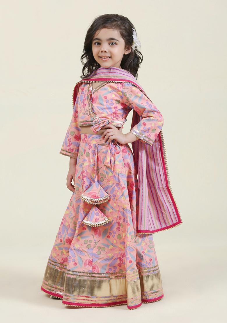 Pink Printed Cotton Lehenga Set With Dupatta For Girls