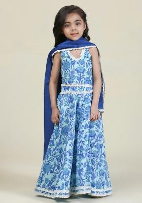 Blue Printed Cotton Lehenga Set With Dupatta For Girls