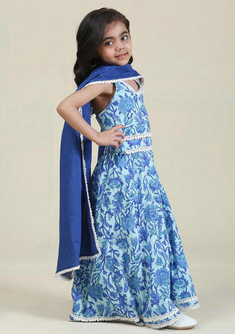 Blue Printed Cotton Lehenga Set With Dupatta For Girls