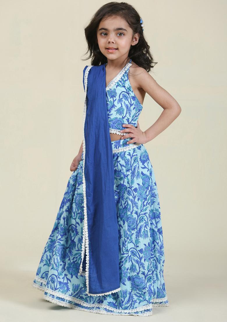 Blue Printed Cotton Lehenga Set With Dupatta For Girls