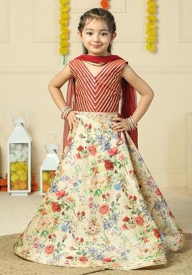 Maroon Printed Silk Lehenga Set With Dupatta For Girls