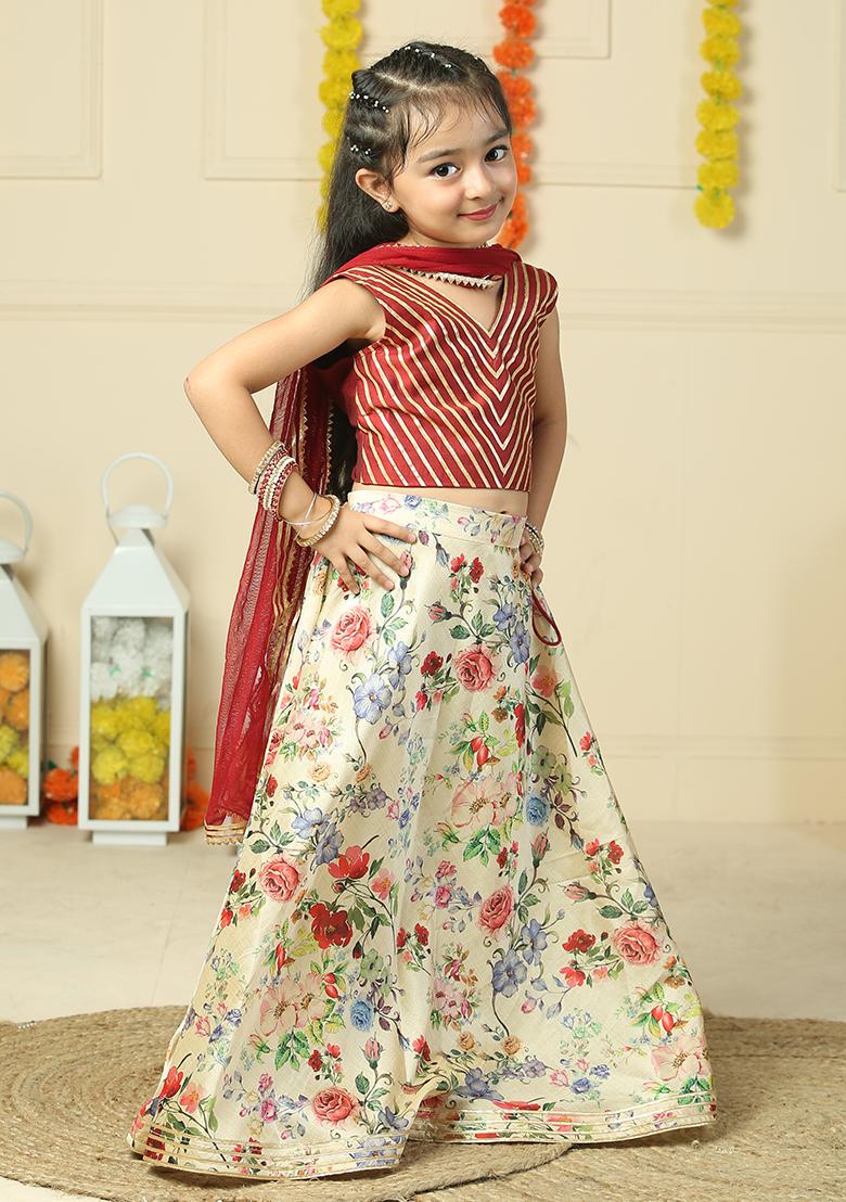 Maroon Printed Silk Lehenga Set With Dupatta For Girls