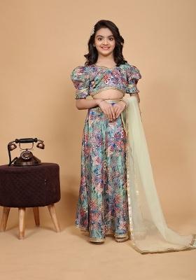 Multi Color Printed  Chinon Silk Lehenga Set With Dupatta For Girls