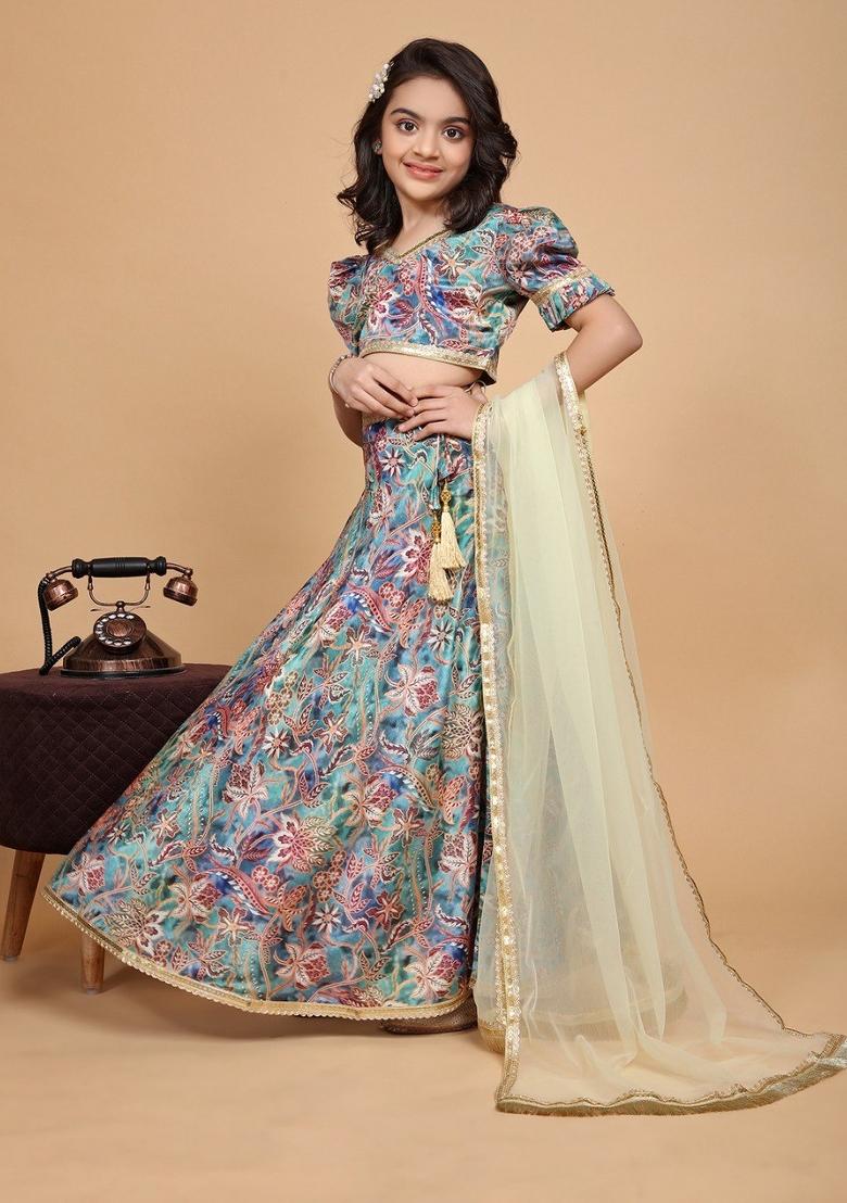 Multi Color Printed  Chinon Silk Lehenga Set With Dupatta For Girls