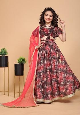 Maroon Printed  Chinon Silk Lehenga Set With Dupatta For Girls