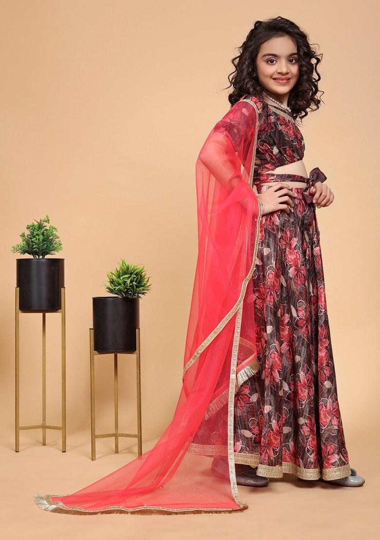 Maroon Printed  Chinon Silk Lehenga Set With Dupatta For Girls