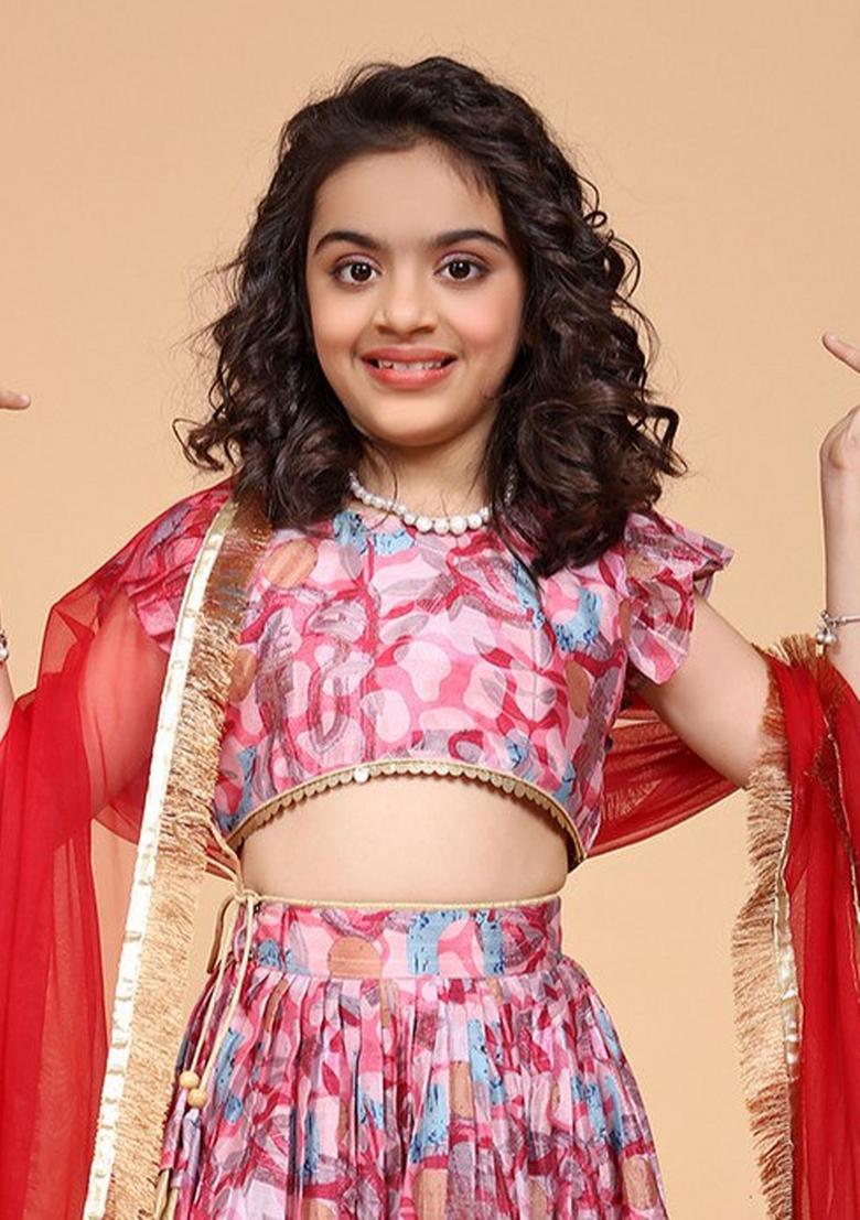 Pink Printed  Chinon Silk Lehenga Set With Dupatta For Girls