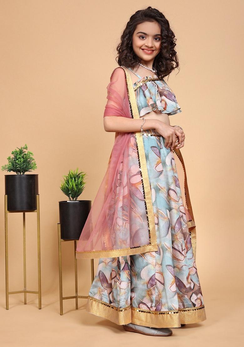 Sky Blue Printed  Chinon Silk Lehenga Set With Dupatta For Girls