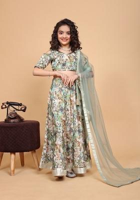 Mint Green Printed  Chinon Silk Lehenga Set With Dupatta For Girls