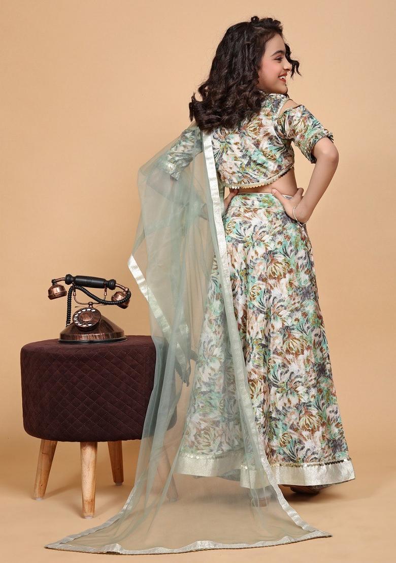 Mint Green Printed  Chinon Silk Lehenga Set With Dupatta For Girls