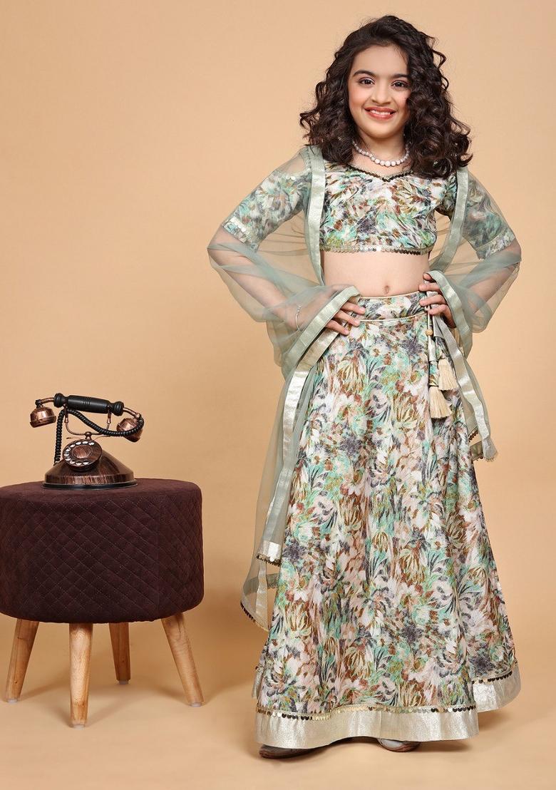 Mint Green Printed  Chinon Silk Lehenga Set With Dupatta For Girls