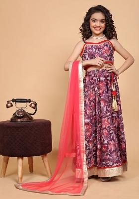 Purple Printed  Chinon Silk Lehenga Set With Dupatta For Girls