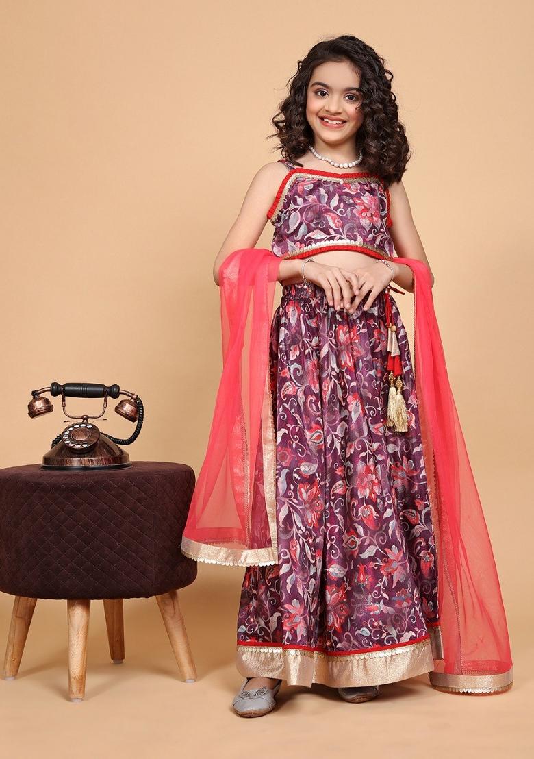 Purple Printed  Chinon Silk Lehenga Set With Dupatta For Girls
