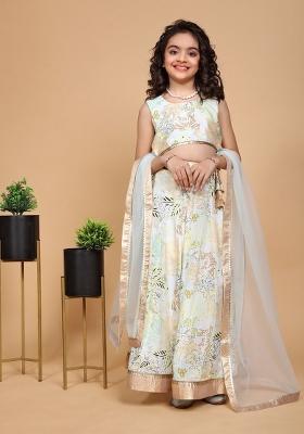 Pista Green Printed  Chinon Silk Lehenga Set With Dupatta For Girls
