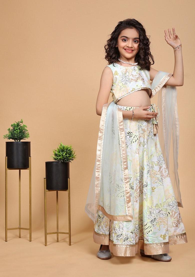 Pista Green Printed  Chinon Silk Lehenga Set With Dupatta For Girls