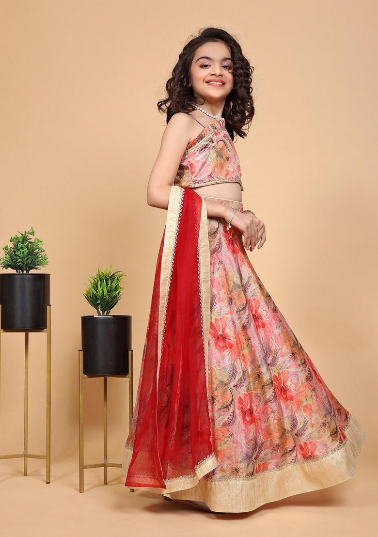 Peach Printed  Chinon Silk Lehenga Set With Dupatta For Girls