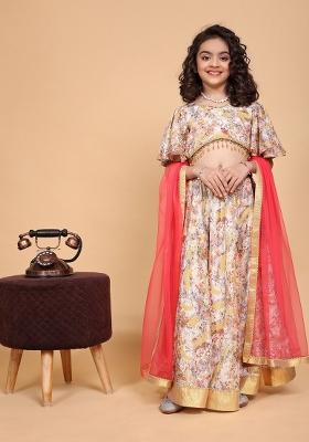 Cream Printed  Chinon Silk Lehenga Set With Dupatta For Girls