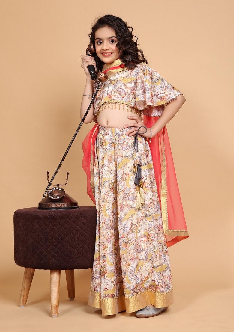 Cream Printed  Chinon Silk Lehenga Set With Dupatta For Girls