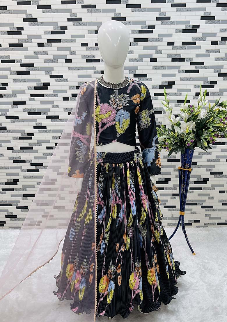 Black Printed Chinon Silk Lehenga Set With Dupatta For Girl