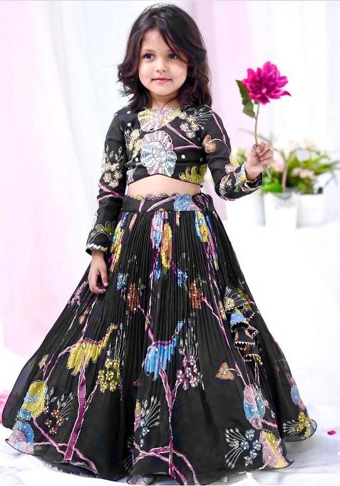 Black Printed Chinon Silk Lehenga Set With Dupatta For Girl
