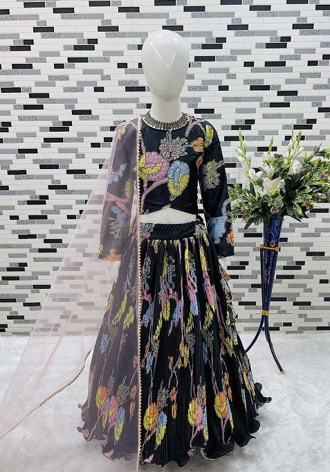 Black Printed Chinon Silk Lehenga Set With Dupatta For Girl