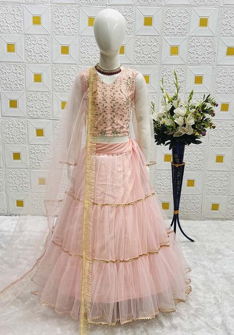 Cream Embroidererd Heavy Net Lehenga Set With Dupatta For Girl