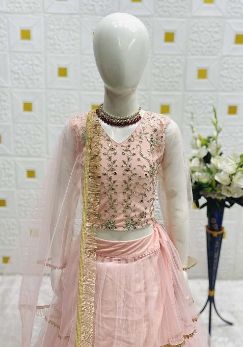 Cream Embroidererd Heavy Net Lehenga Set With Dupatta For Girl