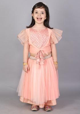 Peach Embroidered Cotton Silk Lehngas For Girls