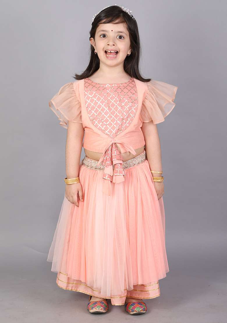 Peach Embroidered Cotton Silk Lehngas For Girls - Indya