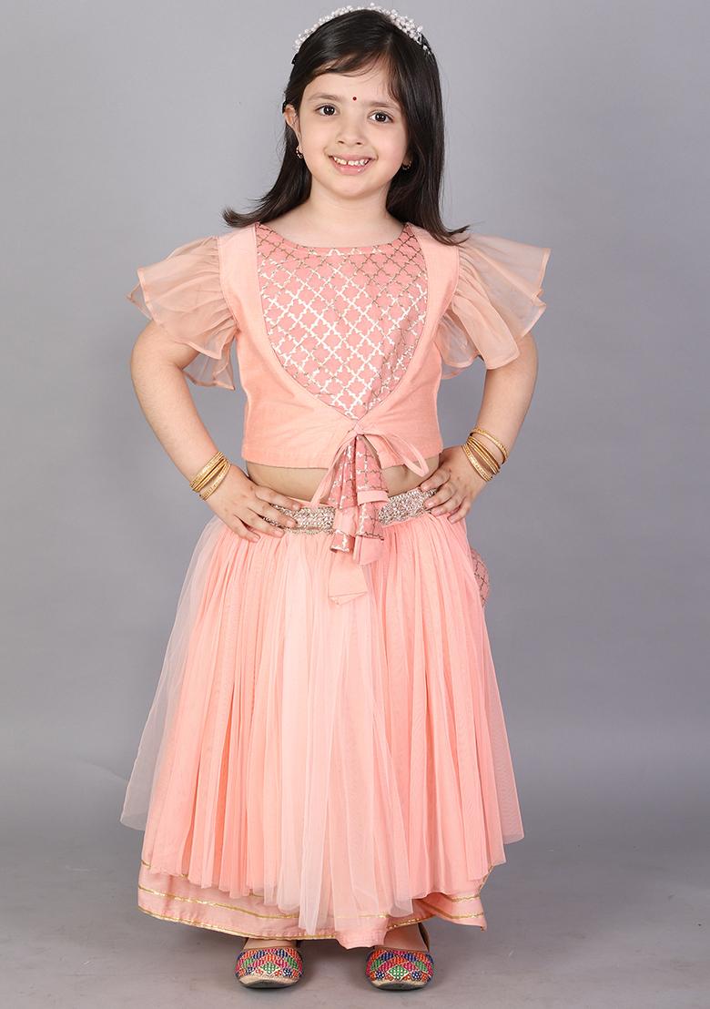 Peach Embroidered Cotton Silk Lehngas For Girls