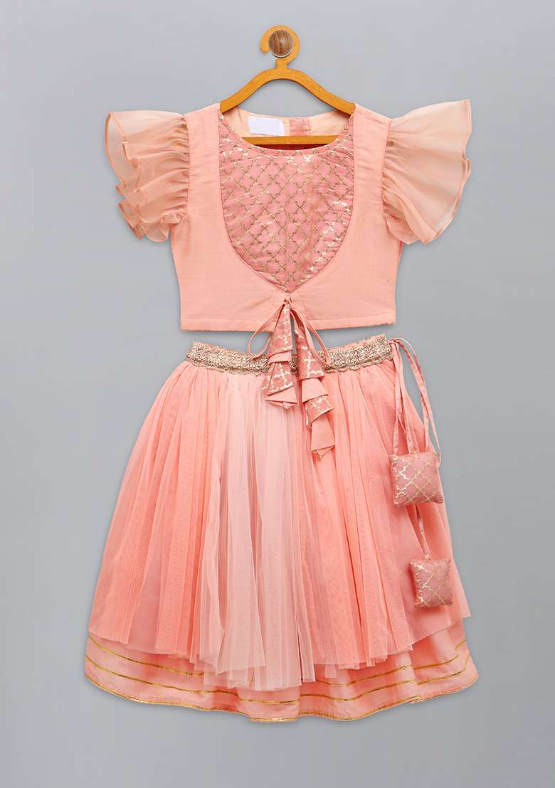 Peach Embroidered Cotton Silk Lehngas For Girls - Indya