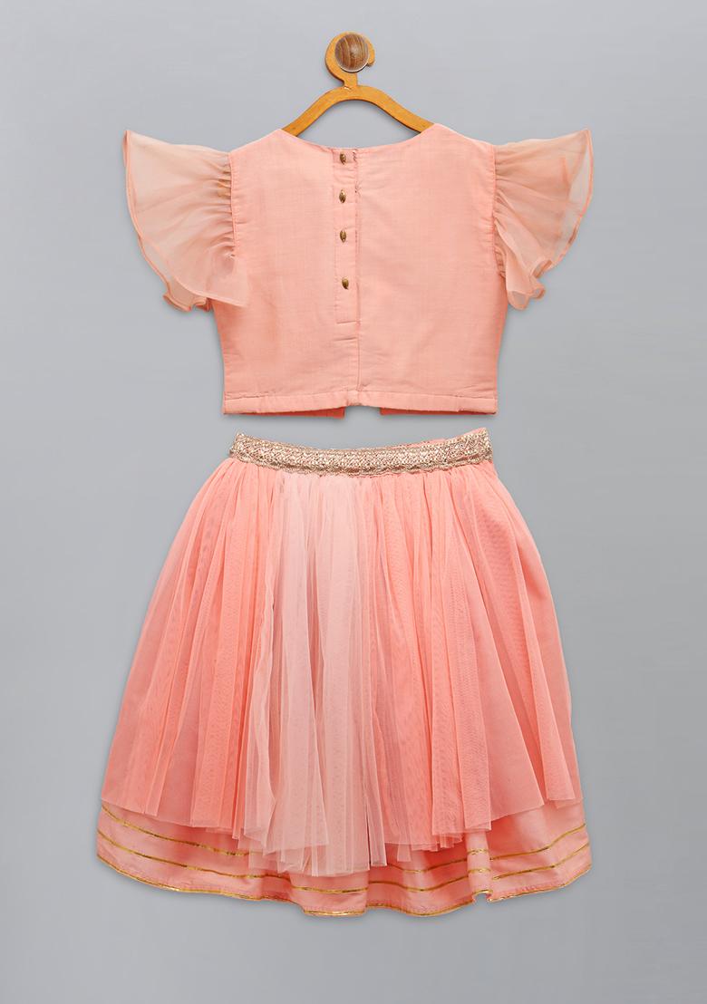 Peach Embroidered Cotton Silk Lehngas For Girls