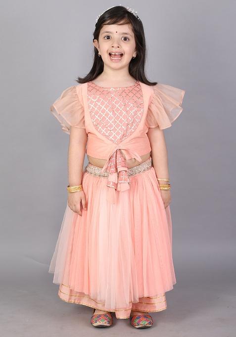 Peach Embroidered Cotton Silk Lehngas For Girls