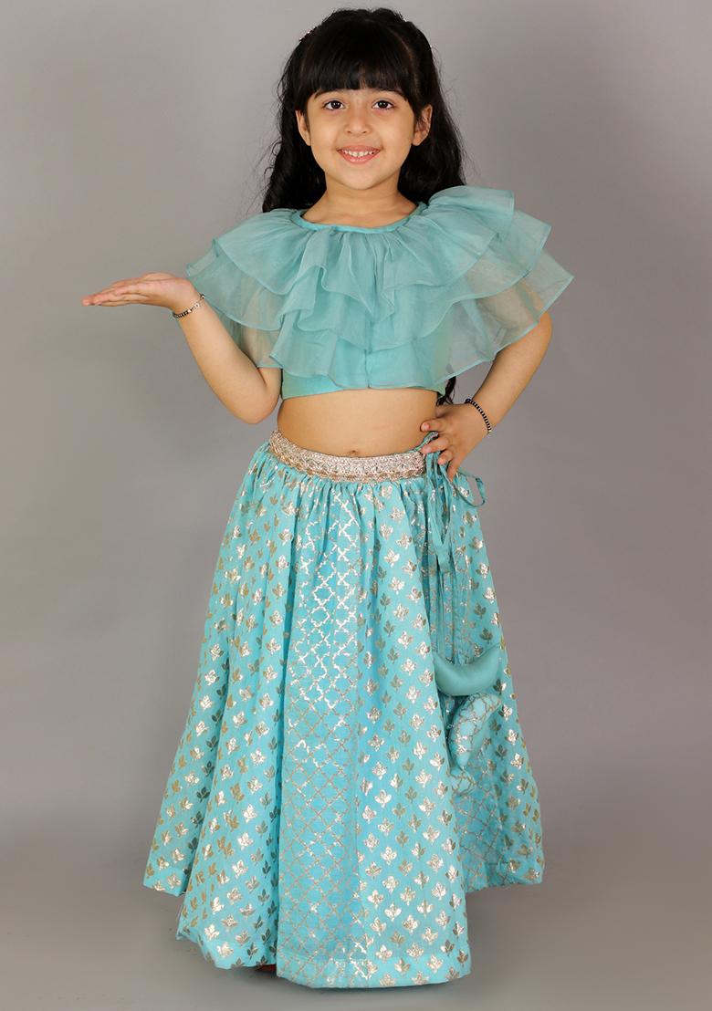 Blue Embroidered Organza Lehngas For Girls