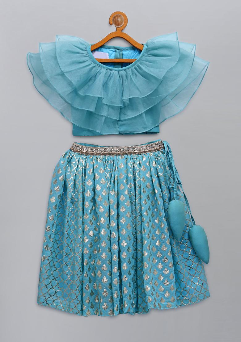 Blue Embroidered Organza Lehngas For Girls