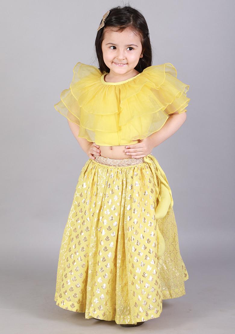 Lime Yellow Embroidered Organza Lehngas For Girls