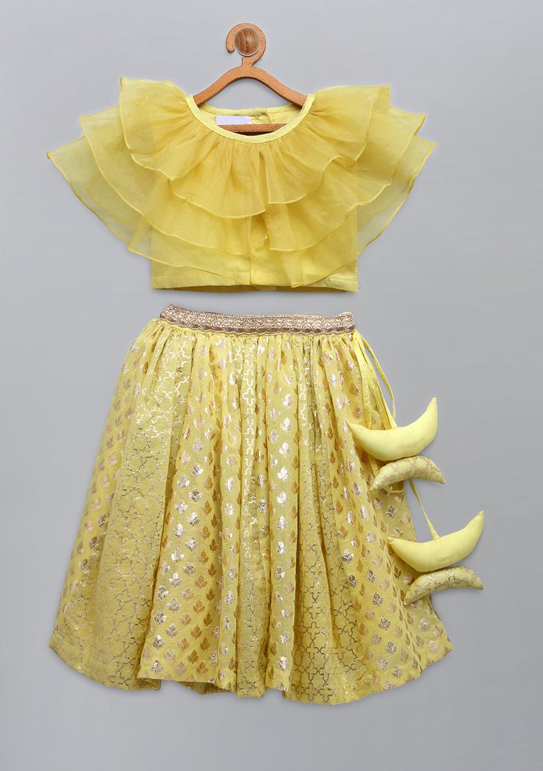 Lime Yellow Embroidered Organza Lehngas For Girls