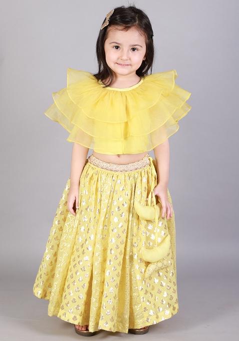 Lime Yellow Embroidered Organza Lehngas For Girls