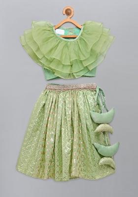 Lime Green Embroidered Organza Lehngas For Girls
