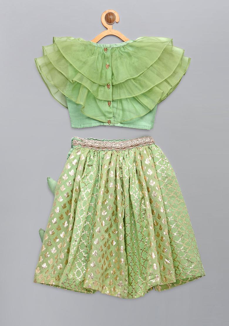 Lime Green Embroidered Organza Lehngas For Girls