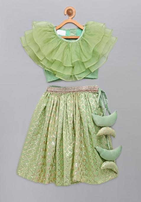Lime Green Embroidered Organza Lehngas For Girls