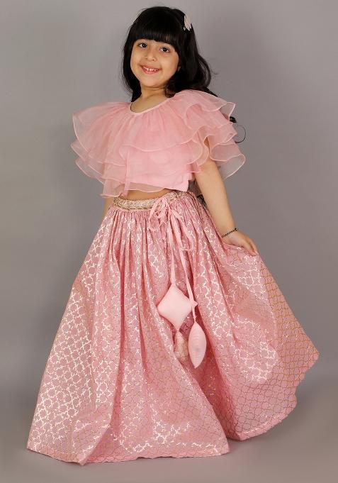 Light Pink Embroidered Organza Lehngas For Girls